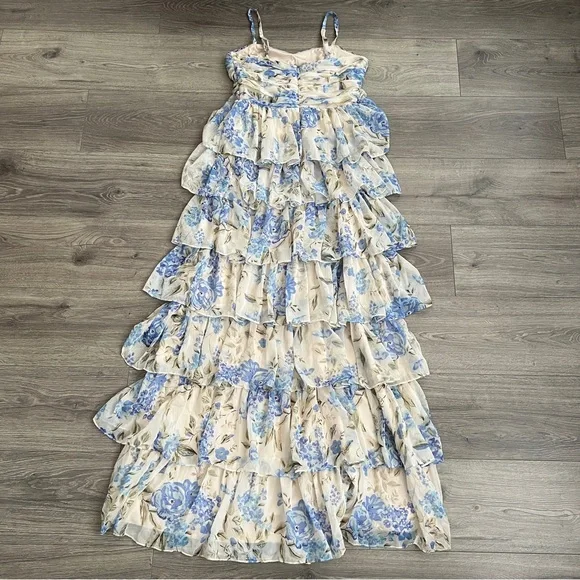 Lulus Arata Tiered Maxi Dress Small Beige Blue Floral Cutout Cottagecore Fairy - Picture 9 of 12